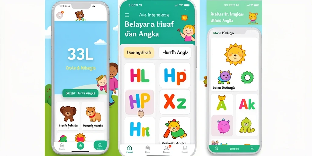 Antarmuka ceria aplikasi 33L untuk Belajar Huruf Angka.